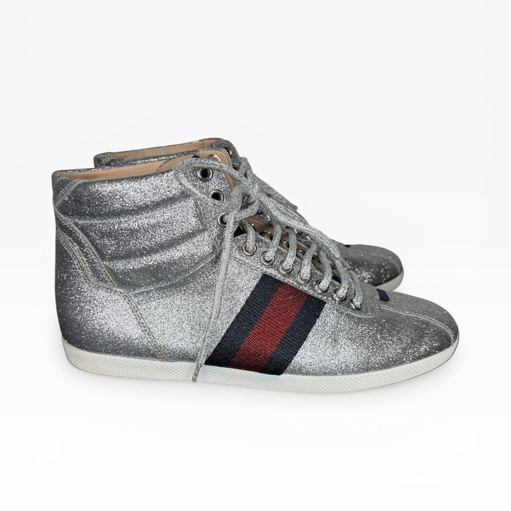 Gucci Silver Glitter Sneakers with Red and Blue Stripes Size 37